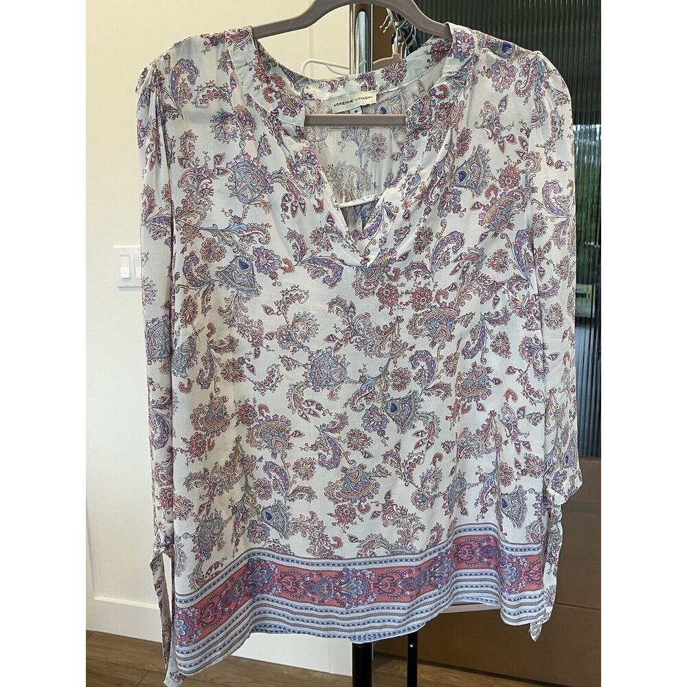 Adrienne Vittadini Paisley‎ Floral Blouse V Neck 3/4 Tie Sleeve Size M